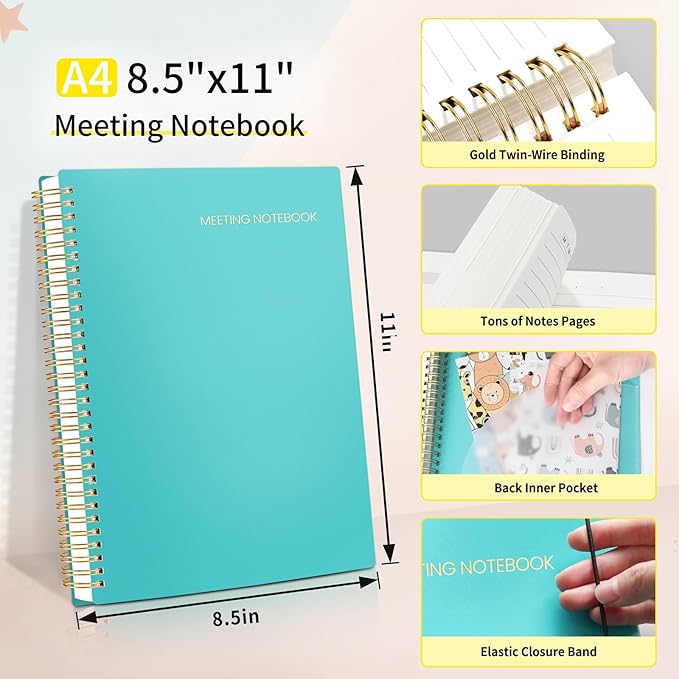 SUNEE Meeting Notebook for Work with Action Items - 160 Pages, A4 Size Project Planner, Spiral Meeting Agenda/Minutes Notebook Organizer for Women Men, Note Taking, Office & Business, 8.5"x11", Teal