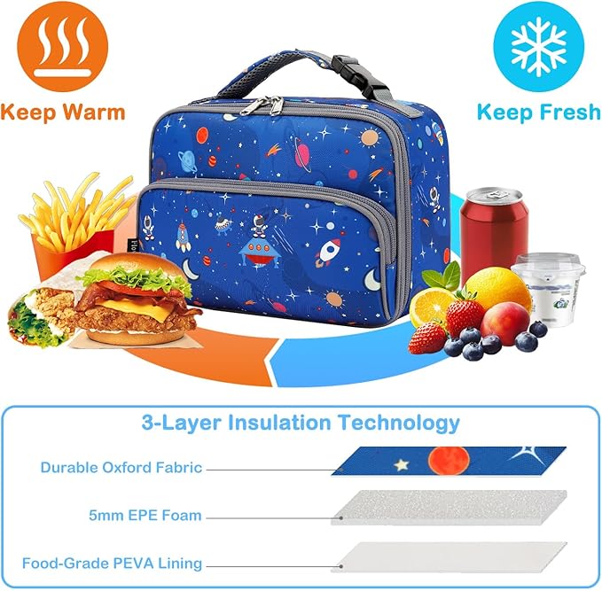 FlowFly Kids Lunch box Insulated Soft Bag Mini Cooler Back to School Thermal Meal Tote Kit for Girls, Boys, Astro&Rocket