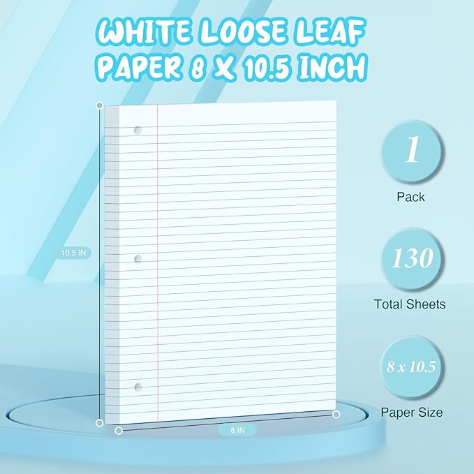 White Loose Leaf Paper 8 x 10.5, 130 Sheets Lined Paper College Ruled Paper, 3 Hole Punched Notebook Paper College Ruled, 3 Ring Binder Paper 8 x 10.5, Filler Paper College Ruled for Office, School