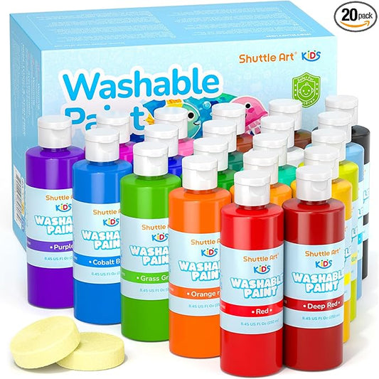 Shuttle Art 20 Colors Washable Paint for Kids, 8.45 oz Bulk Tempera Paint, Non-Toxic Kids Washable Paint for Art and Crafts, School & Home Must Haves