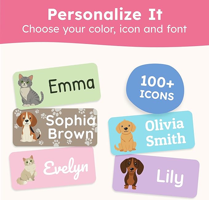 Personalized Name Labels for Kids (210 Labels) - Durable & Waterproof Custom Name Stickers for Clothing Tags, School Supplies, Camp & Daycare - Paws (1.2”x0.5”)