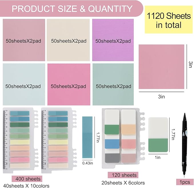 Vuzvuv 1120 Sheets Transparent Clear Sticky Notes with Pen,3x3 Inch Bulk Translucent Sticky Notes Set for Bible Tabs, Book Tabs, Office School Supplies(Purple Pink)