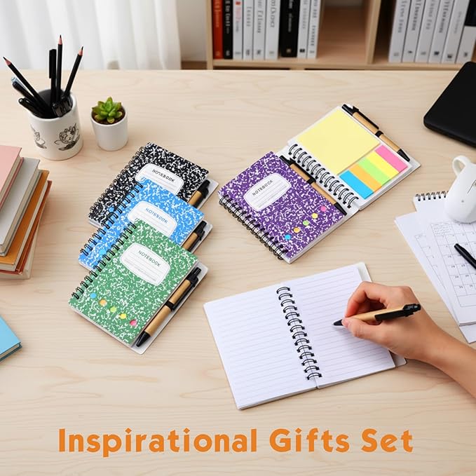 Dunzoom 12 Sets Spiral Notebook Bulk, Steno Pads Lined Notepad with Pen, Sticky Notes Colored Index Tabs, 5.2" x 4.1" Pocket Notebook for Home Business Office Supplies, 60 Sheets (Multicolor)
