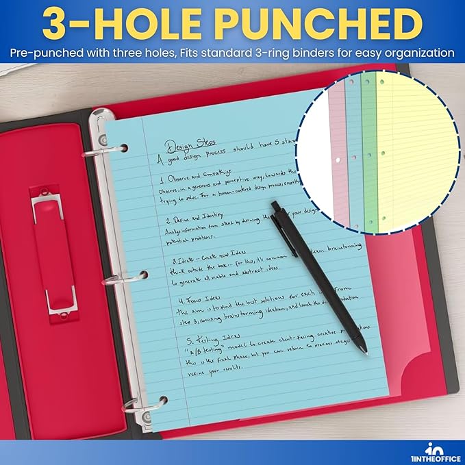 1InTheOffice 5.5 x 8.5 Paper, Pastel, College Ruled Mini Binder Paper, Loose Leaf Paper, Assorted Color, 200 Pack