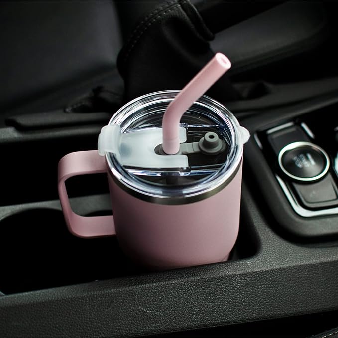 Sursip Insulated Coffee Mug with Handle and Lid, 24 oz Double Wall Vacuum Travel Thermal Coffee Tumbler with Straw for Home, Office Stainless Steel Coffee Cup - Leak proof, BPA Free(Green/Pink-1 Pack)