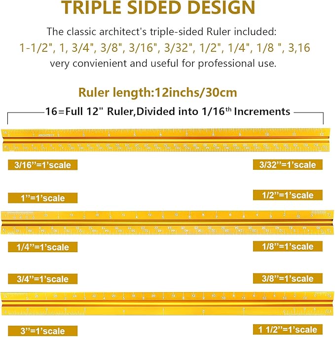 Architectural Scale Ruler, Imperial Measurements 12'', Laser-Etched Aluminum Architect Triangular Ruler Gold for Architects, Students, Draftsman, and Engineers by mveohos