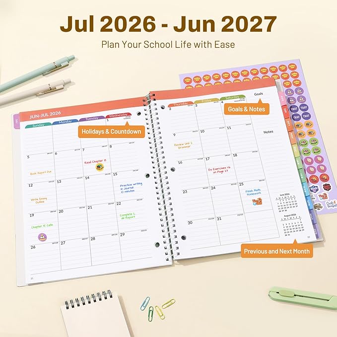 Student Planner 2026-2027, SUNEE Middle or High School Student Planner for Academic Year Jul. 2026 - Jun. 2027, 8.5"×11" Lesson Plan Book with 3-Hole Punched, Bookmark, Planning Stickers, Pastel Draw