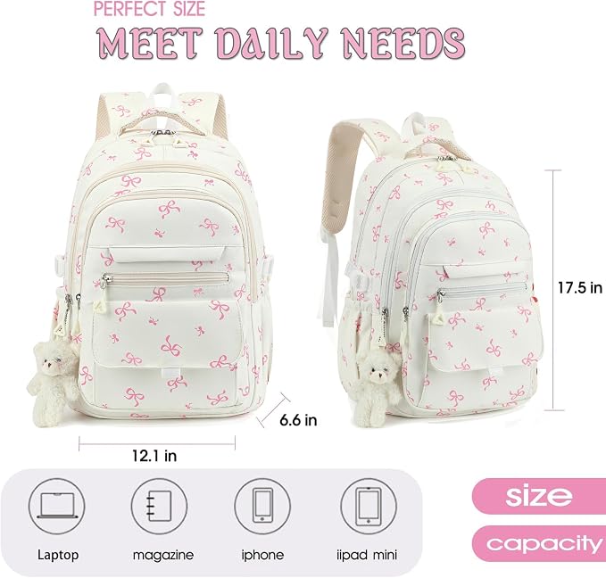 PRLINJSK Girls Backpack for College High Middle School Student, Cute Aesthetic Bookbag for Teens Women with Accessories, Beige Bow