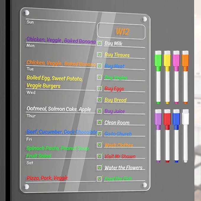 Acrylic Meal Planner Magnetic Menu Board for Kitchen Fridge Planning Board Grocery to Do List Shopping List w/ 8 Markers, Clear Weekly Calendar for Refrigerator Dry Erase Board, 12x9’’