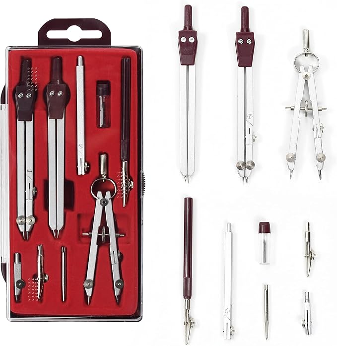 UNJOO Drawing 9Pc Geometry Set Metal Compass, Geometry Precision Tool for Student, Circle Drawing Tool and Architecture, Drafting Kits for Engineer with Shatterproof Storage Box (Red)