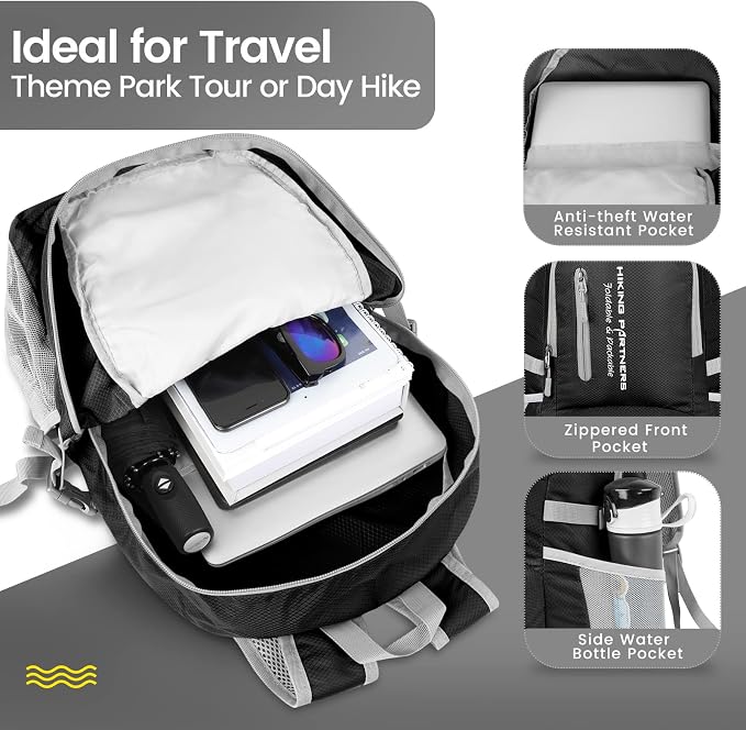 ZOMAKE Lightweight Packable Backpack, Water Resistant Foldable Daypack 35L | Light Hiking Backpacks Collapsible Day Pack for Travel, Everyday Carry, Multi Compartment Storage, Adjustable Strap (Black)