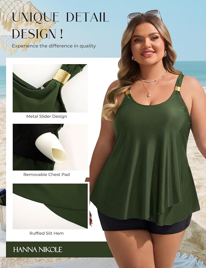 Hanna Nikole Womens Tankini Swimsuits 2 Piece Bathing Suit Flowy Ruffle Tankini Tops with Swim Shorts