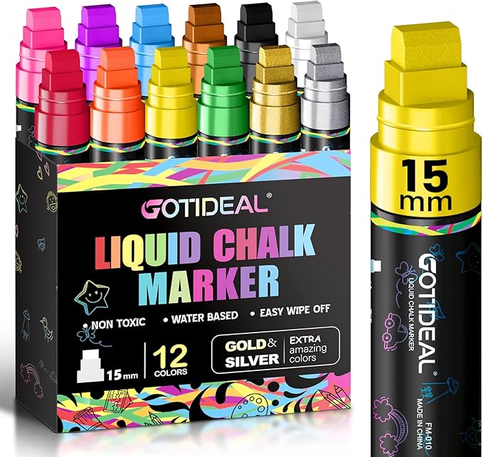 GOTIDEAL 15mm Window Markers, Jumbo Chalk Markers for Blackboard Erasable,Washable Car Marker for Auto,Chalkboard,Glass,Mirrow,Calendar,12 Colors Car Paint Pens With Metallic Colors（3-in-1 Thick Tip）