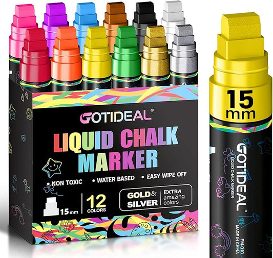 GOTIDEAL 15mm Window Markers, Jumbo Chalk Markers for Blackboard Erasable,Washable Car Marker for Auto,Chalkboard,Glass,Mirrow,Calendar,12 Colors Car Paint Pens With Metallic Colors（3-in-1 Thick Tip）