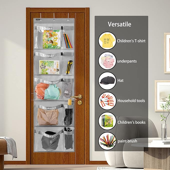 Weekly Kids Clothes Organizer Day of Week School Clothing Storage Monday to Friday Hanging Closet Organizer (GREY)