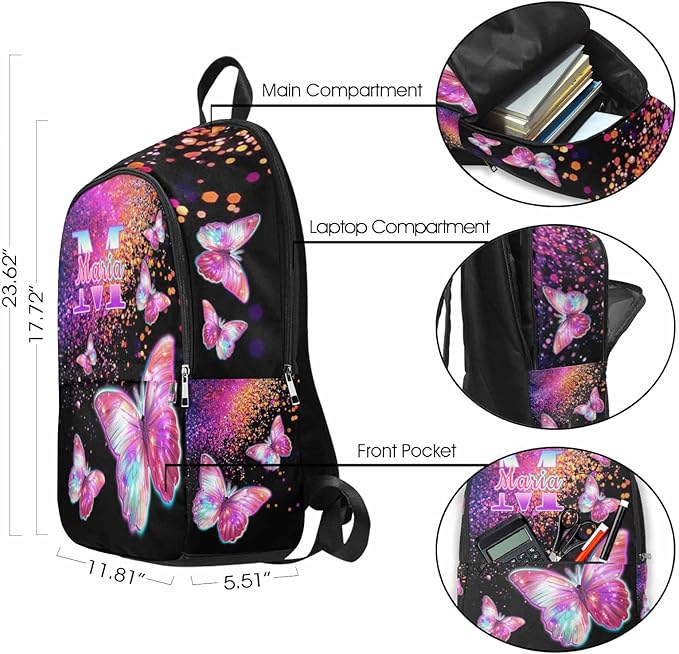 M YESCUSTOM Custom Girls Backpack Lunch Bag Set with Name, Pink Black Butterfly Personalized Kids Backpack for Girls School Travel Kindergarten Bookbag with Water Bottle Pencil Pouch