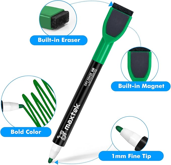maxtek Dry Erase Markers - 6 Count Green Magnetic Dry Erase Markers Fine Tip with Eraser, Low Odor Whiteboard Markers for Calendar Boards