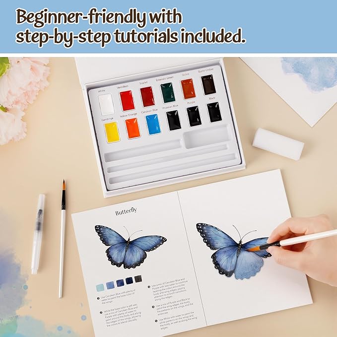 Aizweb Watercolor Workbook-Water Colors Paint Adult Set with 12 Original Animal Patterns,12 Paint Colors&Refillable Water Brush,Coloring Books for Beginners Arts&Crafts Birthday Gifts