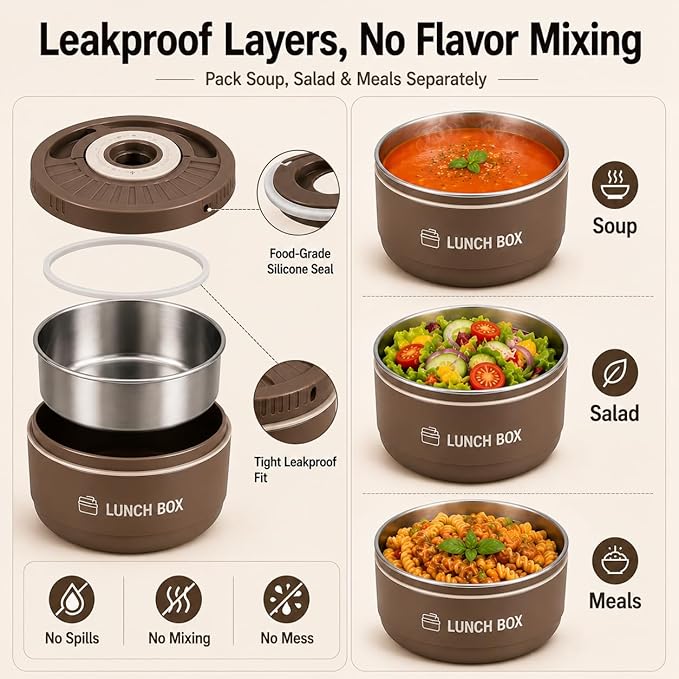3 Pcs Insulated Lunch Box Set (47oz Total), Stackable Stainless Steel Thermal Food Container with Bag, Portable Bento Box for Hot Food, Leakproof Design with Knife, Fork & Spoon