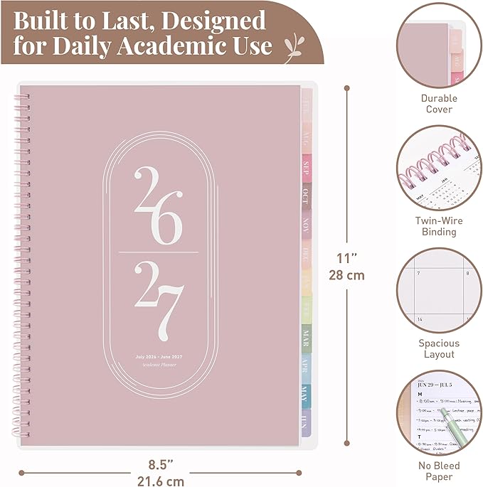 Rileys Academic Planner 2026-2027, Daily, Weekly & Monthly Planner, July 2026 - June 2027, Student Notes Pages, Twin-Wire Binding, Weekly Agenda for School & Work (8.5 x 11-Inches, Pink)