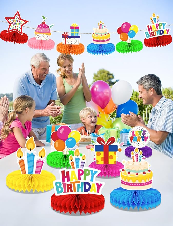 Birthday Table Decorations - 9 Pcs Colorful Happy Birthday Centerpieces for Tables Rainbow Honeycomb Centerpieces Table Toppers for Girls Boys Men Women Birth Date Party Supplies, Photo Booth Props