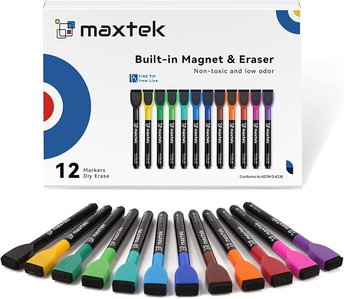 maxtek Magnetic Dry Erase Markers with Eraser - 12 Count Colorful Fine Tip Whiteboard Markers for Kids, Low Odor Whiteboard Markers for Calendar Boards White Board
