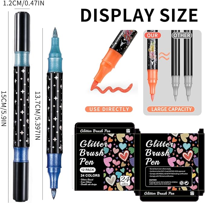 24 Colors Glitter Brush Markers,12 Pack Dual Tip Brush Glitter Marker for Doodle Writing, Glitter Art Crafts Adults DIY Crafts Greeting Birthday Cards Making