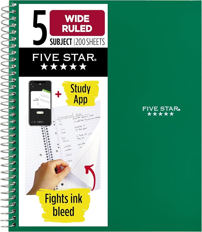 Five Star Spiral Notebook + Study App, 5 Subject, Wide Ruled Paper, 8" x 10.5", 200 Sheets, Fights Ink Bleed, Water Resistant Cover, Forest Green (930012CE1)