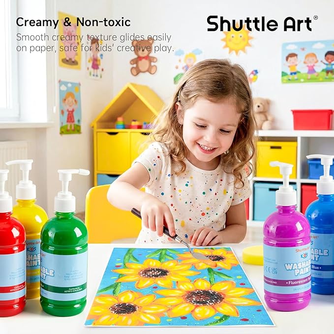 Shuttle Art 14 Colors Washable Paint for Kids, 16 oz Bulk Tempera Paint with Pump, Non-Toxic Kids Washable Paint for Art and Crafts, Home & School Must Haves