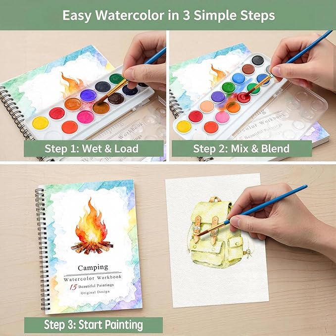 SLWBZ Watercolor Workbooks Coloring Book, Beginner Friendly Painting Kit, Detailed Steps, Creative Exploration Watercolor Book with Paint Set for Adults Teens (Camping, with Paint)