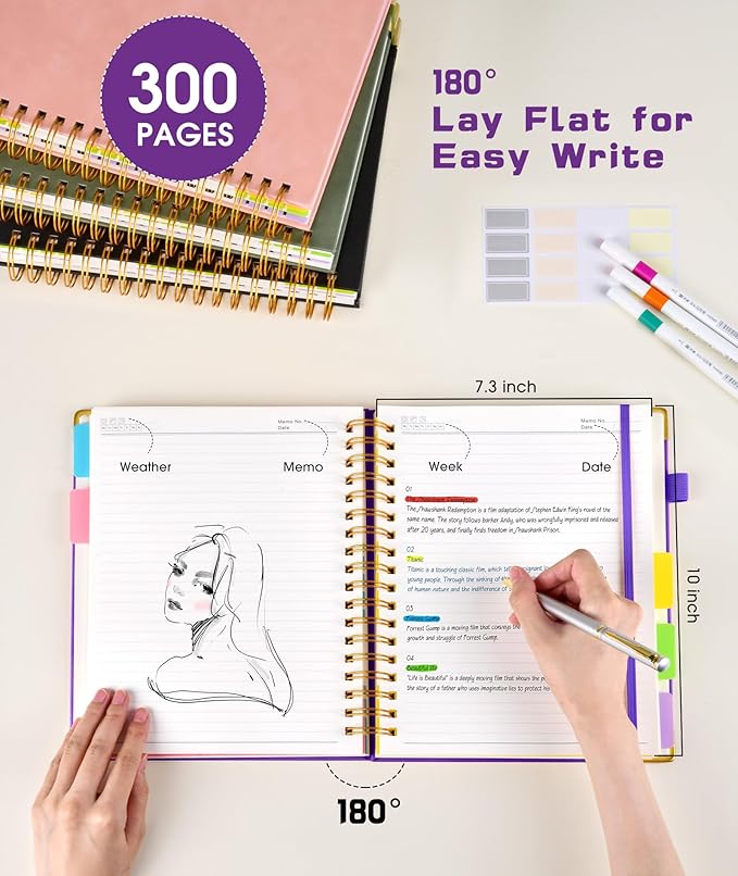 Hardcover Spiral Notebook Journal with Removable Dividers Tabs, 300 Pages Leather 5 Subject Notebook College Ruled, 8"x10" Large Notebooks for Work School Note Taking, Journal for Women, Dark Purple