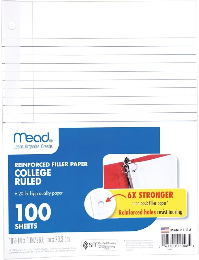 Mead Loose Leaf Paper, Filler Paper, Reinforced, College Ruled, 100 Sheets, 10-1/2" x 8", 3 Hole Punched, 12 Pack (72428)
