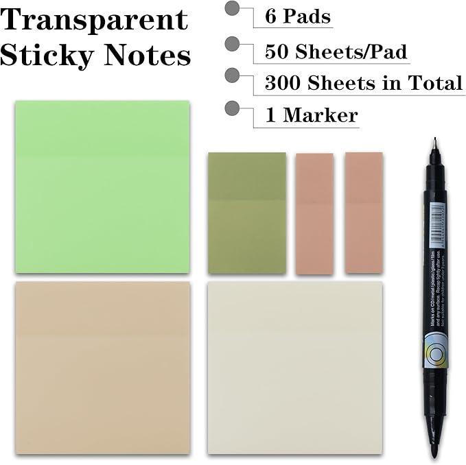 YOUDEFUL Translucent Sticky Notes, 3"x3" Cute Clear Transparent Page Flags Book Markers Stickers, Planner Accessories Sticky Notes, Bible Journaling Study Office School Supplies