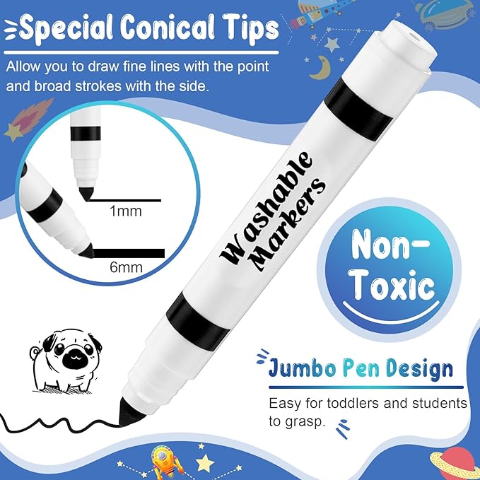60 Pcs Black Washable Markers Bulk Coloring Broad Line Markers for Kids Conical Tip Black Drawing Pens for Classroom Back to School Travel Art Baby Shower Gender Reveal Supplies, Ages 6+