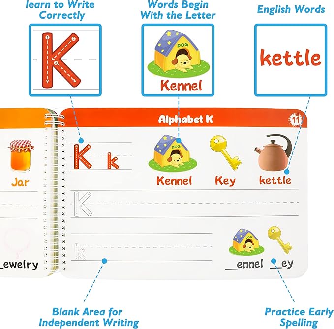 Handwriting Practice Tracing Books for Kids Ages 3-5, Montessori Preschool Learning Activity, Autism Educational Learn Number Letters Shapes Animal & Sight Words Workbook with 8 Dry Erase Markers
