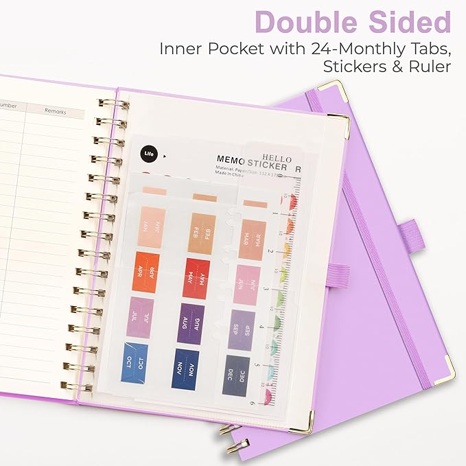 RETTACY Undated Planner, Weekly and Monthly, 53 Weeks and 12 Months, Medium Size (5.7" x 8.3"), 24 Self-adhesive Monthly Tabs, Hardcover, 100 GSM Thick Paper, Spiral-bound (Lilac)