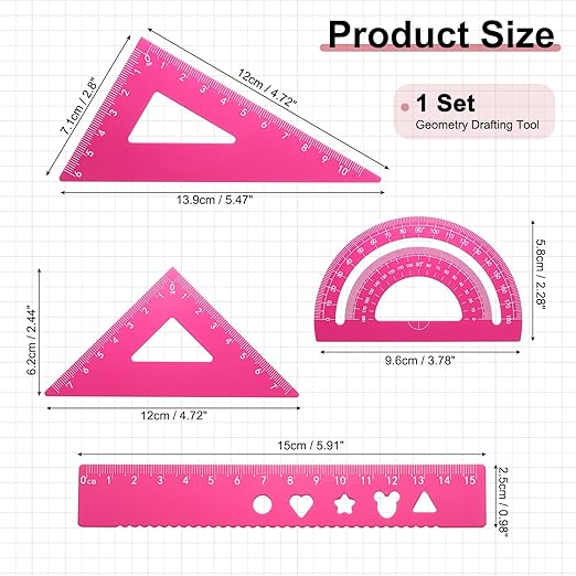 PATIKIL 4 Pcs Geometry Drafting Tool, Aluminum Alloy Geometry Kit Math Tool Includes 15cm L Ruler Protractor Triangles for Drafting Angle Measure Simple Science Experiment, Pink