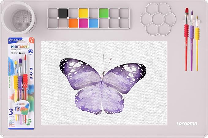 Paint Pad for Kids, Art Supplies for Kids Silicone Painting Mat, 23.6 x 15.8in Paint Mat with 3 Nylon Brushes, Art Mats for Crafts to Protect Table, Painting Pad Washable(Purple)