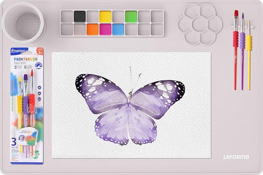 Paint Pad for Kids, Art Supplies for Kids Silicone Painting Mat, 23.6 x 15.8in Paint Mat with 3 Nylon Brushes, Art Mats for Crafts to Protect Table, Painting Pad Washable(Purple)