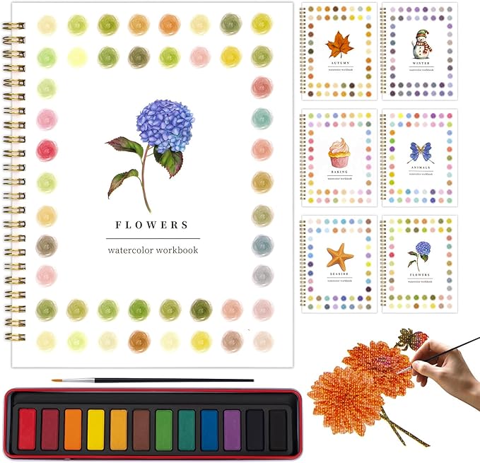 Metyond Beginner Watercolor Workbook Kit - Watercolor Painting Kit with 1 Workbook 12 Colors Paint Set with Brush, Beginner Friendly Watercolor Paint Set Gift for Adults Teens (Flowers)
