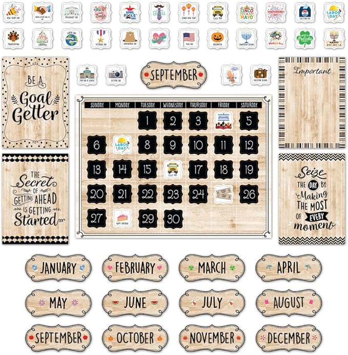 CTP Core Décor Black, White, and Wood Calendar Set Bulletin Board Top Classroom Decorating Accents (Creative Teaching Press 10920)