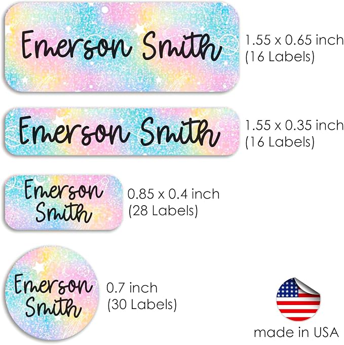 COACO Personalized Kids Name Labels, Holographic, 90 Labels (Pastel Tie Dye)