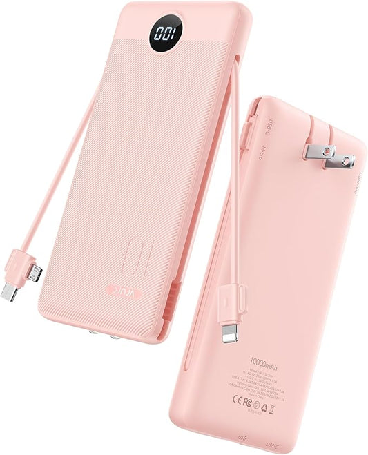 VRURC Portable Charger Power Bank - 10000mAh Fast Charging 22.5W PD 20W Portable Charger with Built in Cables, Portable Charger with Cords External Charger Travel Accessories-Pink