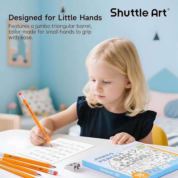 Shuttle Art Jumbo Pencils - 18 Pack Triangle Pre sharpened Pencils #2 HB with Top Erasers & Sharpener, for kids Ages 4-8, Kindergarten School Supplies, Ideal for Home, Classroom