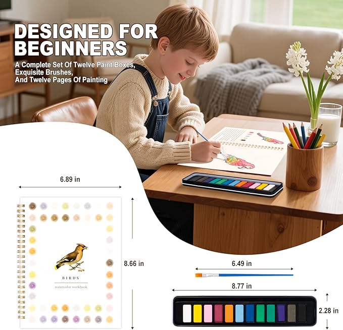 Metyond Watercolor Workbook - Watercolor Coloring Book with 1 Workbook 12 Colors Paint Set with Brush, Beginner Friendly Watercolor Workbooks Set Gift for Adults Teens (Birds)