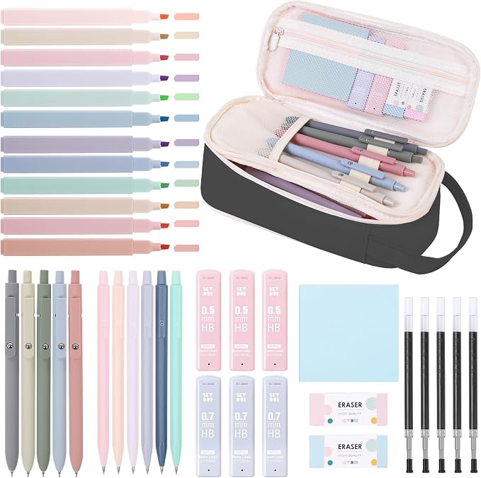 SKYDUE Aesthetic School Supplies Kit, 38 PCS Stationery Set with Large Pencil Case, Pens, Mechanical Pencil Set, Highlighters, Sticky Notes & Refills for Students, College & Back to School Black