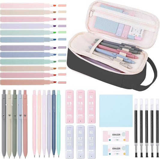 SKYDUE Aesthetic School Supplies Kit, 38 PCS Stationery Set with Large Pencil Case, Pens, Mechanical Pencil Set, Highlighters, Sticky Notes & Refills for Students, College & Back to School Black