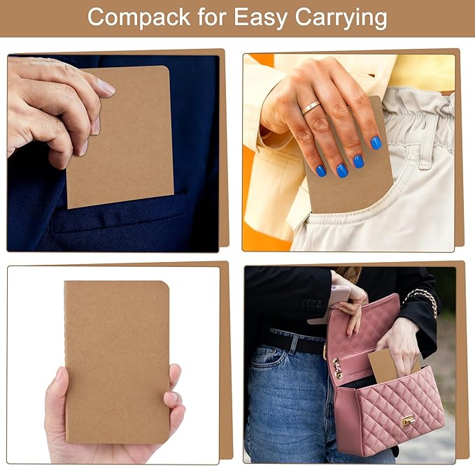 ZCZN 60 Pack Kraft Pocket Notebooks Bulk, 3.5 X 5.5 Inches Blank Paper Journaling Notebooks, 30 Sheets/60 Pages, Mini Journal Notebooks for Work, Writing, Drawing Memo Notepad(Kraft Cover)