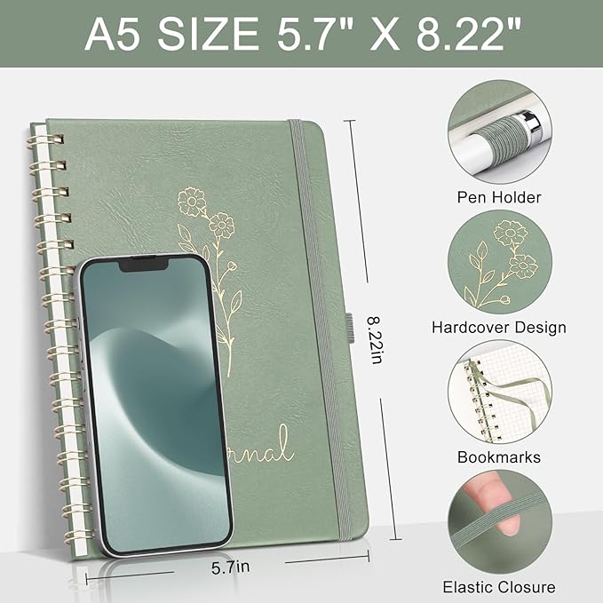 EMSHOI Graph Notebook Spiral Notebook, 140 Pages, A5 Small 5.7"x8.22", 100 GSM Thick Paper, PU Leather Hardcover Journal, 5mm Grid Notebook for Work School Math Engineering Writing Graphing, Green