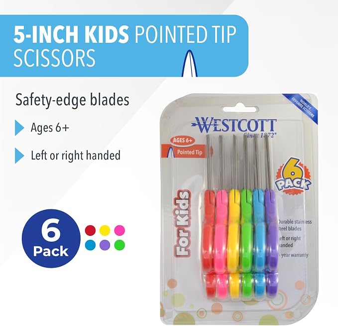 Westcott Right & Left-Handed Scissors For Kids - Back to School Essentials, Classroom Must Haves, Art Supplies - 5-Inch Pointed Safety Scissors - Assorted Colors - 6 Pack (16455)